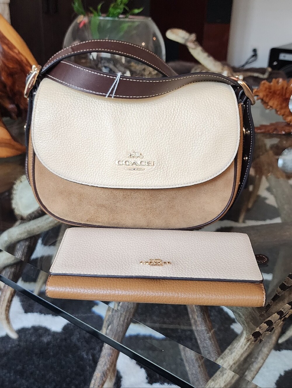 Coach Two-Tone Suede   Cream, Brown & Tan Leather Crossbody with Matching Wallet